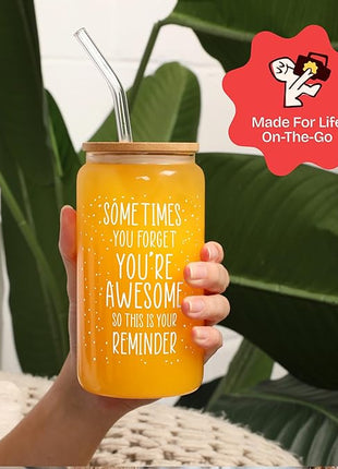 KLUBI Birthday Gifts for Women Who Have Everything - Sometimes You Forget You Are Awesome Gift for Her Birthday Presents for Mom From Daughter 16oz Glass Mug Present Baskets for Fun Teacher
