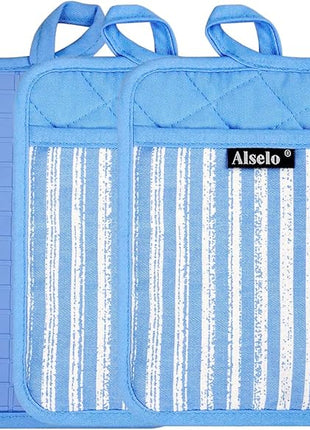 Silicone Pot Holders Set of 3 Heat Resistant & Non Slip Potholders, Professional Oven Hot Pads with Pockets Mitts for Kitchen Cooking Baking Barbecue (3, Blue)