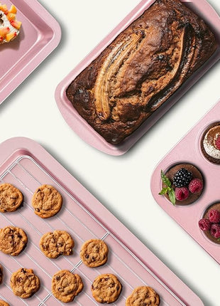 KITESSENSU Baking Pans Sets, Nonstick Bakeware Sets 7-Piece with Round/Square Cake Pan, Loaf Pan, Muffin Pan, Cookie Sheet, Roast Pan, Cooling Rack, Carbon Steel Bake Set Pink