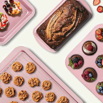 KITESSENSU Baking Pans Sets, Nonstick Bakeware Sets 7-Piece with Round/Square Cake Pan, Loaf Pan, Muffin Pan, Cookie Sheet, Roast Pan, Cooling Rack, Carbon Steel Bake Set Pink