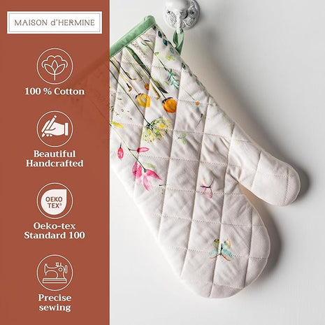 Maison d' Hermine Oven Gloves 100% Cotton Oven Mitt 7" x 13" with Loop Heat Resistant, BBQ, Cooking Gloves, Baking, Grilling, Kitchen, Handling Hot Pans Spring/Summer (Pack of 1, Botanical Fresh)