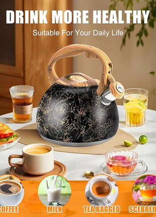 3.2Qt Whistling Tea Kettle for Stove Top, Food Grade Stainless Steel Wood Handle Teapot, Durable for Brewing Coffee, Tea, Milk, Suitable for All Heat Sources (Golden line)