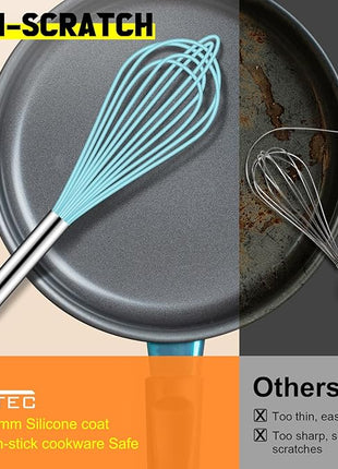 HOTEC 4 Pieces Silicone Whisks Set, Wire Balloon Whisks Egg Beater, Non-slip Handle Whisk for Non-stick Cookware Perfect for Cooking, Stirring, Beating and Blending (Blue)