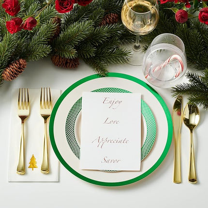 By Madee HEAVYWEIGHT 175 Pc Ivory Plates with GreenTrim | Disposable Dinnerware Set for 25 Guests