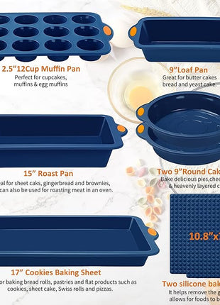 To encounter 8 in 1 Silicone Baking Set - 6 Cake Molds - 2 Silicone Baking Mat, Nonstick Cookie Sheet, Cake Muffin Bread Pan with Grips and Metal Reinforced Frame More Strength, Navy Blue