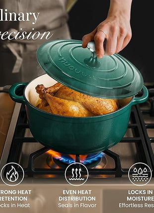 Nuovva Enamelled Cast Iron Dutch Oven Pot with Lid – 6.4 Quart Non Stick Casserole Pot – Heavy Duty & Oven Safe up to 500° F for Bread Baking, Braising, Stews, Roasting – 28cm Dark Green