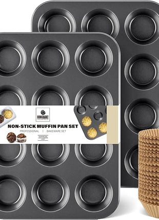 HONGBAKE Muffin Pan with 500 Cupcake Liners, Nonstick Cup Cake Tin for Baking,Premium 12 Cup Cheesecake Trays - Dark Grey