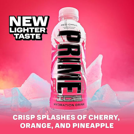 PRIME Hydration ICE RED CHILL, Sports Drinks, Electrolyte Enhanced for Ultimate Hydration, 250mg BCAAs, B Vitamins, Antioxidants, Low Sugar, 16.9 Fl Oz, 12 Pack