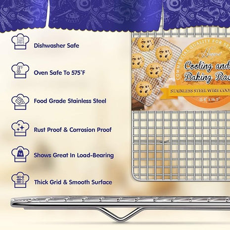 Hiware 2-Pack Cooling Racks for Baking - 10" x 15" - Stainless Steel Wire Cookie Rack Fits Jelly Roll Sheet Pan, Oven Safe for Cooking, Roasting, Grilling