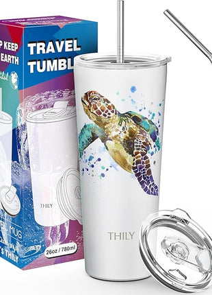 THILY Stainless Steel Vacuum Insulated Tumbler Travel Mug 26 oz Coffee Cup with 2 Lids and Straws, Splash Proof, Keep Ice Drinks Cold, Sea Turtle
