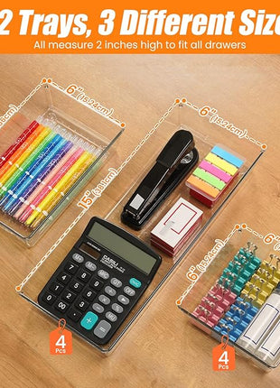 12 Pack Clear Plastic Drawer Organizer Set, Acrylic Non Slip Non Cracking Kitchen Drawer Storage Tray Large Size Divider, Multifunctional Storage for Cosmetics, Bathroom, Tools, Kitchen and Office