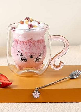 Cute Mugs Glasses Double Wall Insulated Glasses Espresso Cup, Coffee Cup, Tea Cup, Milk Cup, Best Gift for Office and Personal Birthday, Pink Cat