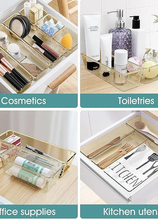 WOWBOX 25 PCS Plastic Drawer Organizer Set, 4 Sizes Desk Drawer Divider Organizers and Storage Bins for Makeup, Jewelry, Gadgets for Kitchen, Bedroom, Bathroom, Office, Clear Champagne