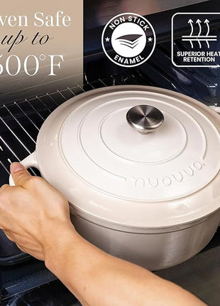Nuovva Enamelled Cast Iron Dutch Oven Pot with Lid 6.4 Quart Non Stick Casserole Pot – Heavy Duty & Oven Safe up to 500° F for Bread Baking, Braising, Stews, Roasting – 28cm Oyster