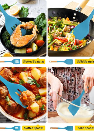 Pack of 4 Silicone Kitchen Utensils Set, Non Stick Solid Spatulas and Heat Resistant Slotted Spoons with Wooden Handle, Ideal BPA Free Cooking Utensils for Mixing,Serving,Turning,Stirring(BLUE)