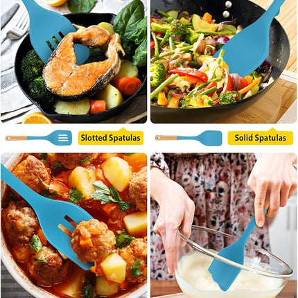 Pack of 4 Silicone Kitchen Utensils Set, Non Stick Solid Spatulas and Heat Resistant Slotted Spoons with Wooden Handle, Ideal BPA Free Cooking Utensils for Mixing,Serving,Turning,Stirring(BLUE)