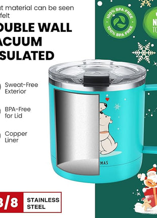 HAUSHOF 14oz Christmas Mug, Stainless Steel Coffee Mugs with Lid and Handle, Insulated Coffee Cups, Ideal Christmas Gifts for Mom, Dad, Kids
