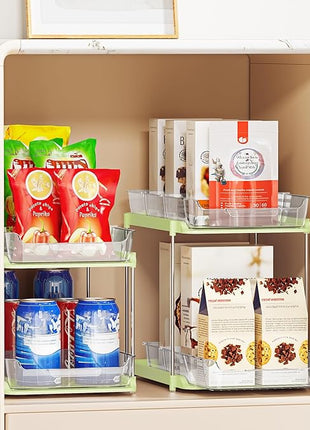 Delamu 2-Tier Multi-Purpose Bathroom Under Sink Organizers and Storage, Stackable Kitchen Pantry Organization, Pull Out Medicine Cabinet Organizer with Movable Dividers, Green, 2 Pack