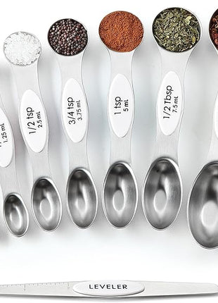 Spring Chef White Stainless Steel Magnetic Measuring Spoons Set of 8 with Leveler, Dual Sided Metal Teaspoon & Tablespoon Measuring Spoons, Fits in Spice Jars, Kitchen Gadgets for Baking & Cooking