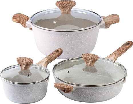 Country Kitchen Non-Stick Cast Aluminum Cookware Set - Durable Kitchen Cookware for Everyday Cooking, Speckled Cream, 6 Pc.