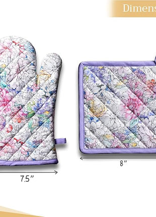 Maison d' Hermine 100% Cotton Oven Mitt & Pot Holder Set (7.5"x13" & 8"x8") Heat Resistant BBQ Cooking Gloves with Loop, Baking, Grilling, Kitchen, Handling Hot Pans Spring/Summer (Floral Love)