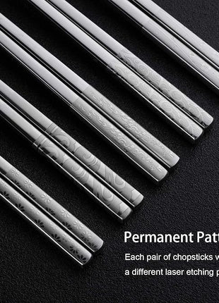 Metal Chopsticks Reusable 316 Stainless Steel Chopsticks Multipack Dishwasher Safe Chop Sticks Square Fancy Laser Engraved Non-slip Korean Chopstick for Cooking Eating 9.45 Inches 5 Pairs Gift Set