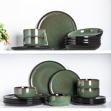 LeRatio Ceramic Dinnerware Sets for 6,Porcelain Plates and Bowls Sets,Handmade Reactive Glaze Dishes Set,Chip Resistant and Scratch Resistant | Oven&Dishwasher & Microwave Safe-Green(18PCS)