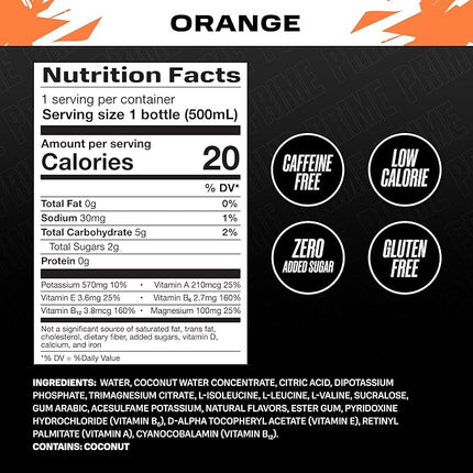PRIME Hydration ICE ORANGE, Sports Drinks, Electrolyte Enhanced for Ultimate Hydration, 250mg BCAAs, B Vitamins, Antioxidants, Low Sugar, 16.9 Fl Oz, 12 Pack
