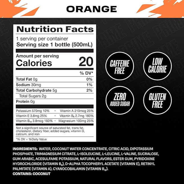 PRIME Hydration ICE ORANGE, Sports Drinks, Electrolyte Enhanced for Ultimate Hydration, 250mg BCAAs, B Vitamins, Antioxidants, Low Sugar, 16.9 Fl Oz, 12 Pack