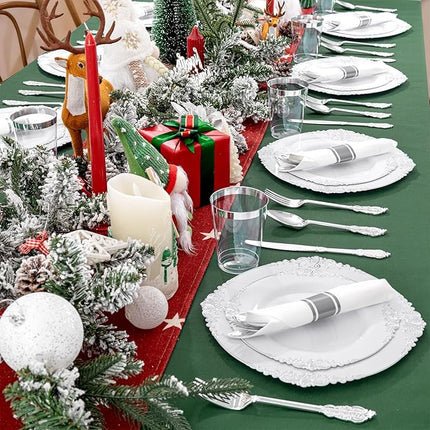 Liacere 350PCS Silver Plastic Plates&Pre Rolled Napkins for 50 Guests - Plastic Dinnerware Sets 100Silver Disposable Plates, 150Silver Silverware, 50Cups and 50Napkins for Christmas
