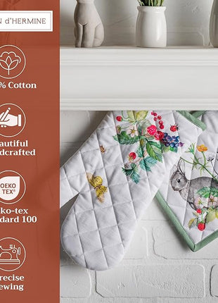 Maison d' Hermine 100% Cotton Oven Mitt & Pot Holder Set (7.5"x13" & 8"x8") Heat Resistant BBQ Cooking Gloves with Loop, Baking, Grilling, Kitchen, Handling Hot Pans Spring/Summer (Printemps)