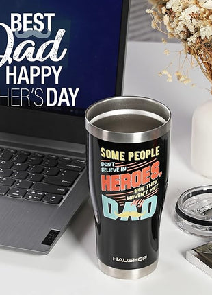 HAUSHOF Dad Gifts Tumbler 20oz Stainless Steel, Birthday Gifts for Father/Husband/Men from Daughter, Son, Kids, Wife - Heroes Dad, Black