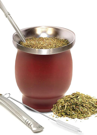 Norte Yerba Mate Cup Kit, 8-Ounces Traditional Mate Tea Cup/Gourd Set | Includes 2 Bombillas (Yerba Mate Straw) & Cleaning Brush, Stainless Steel Cup, Double-Walled, Easy to Clean | Burgundy