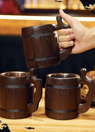 MFC Beer Mug 20 OZ - Tankard Mug - Beer stein - Wooden beer mug - Stainless Steel Cup - Handmade Gifts for Men - Fathers Day, Christmas or Birthday Gift Idea - Men Mug - Barrel Brown