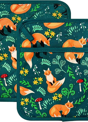 Pot Holders Set of 2 Heat Resistant 480℉ Kitchen 100% Cotton Comfortable Lining Printing Fox Flower Women Men Home Cooking Baking Microwave BBQ Gift(Fox Flower)