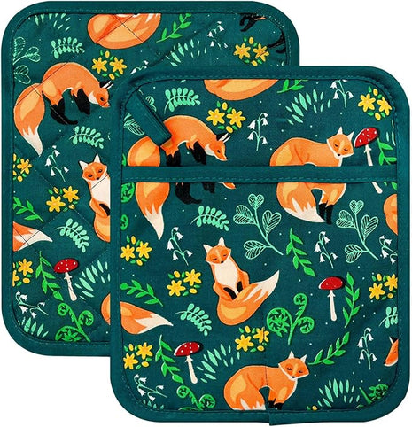 Pot Holders Set of 2 Heat Resistant 480℉ Kitchen 100% Cotton Comfortable Lining Printing Fox Flower Women Men Home Cooking Baking Microwave BBQ Gift(Fox Flower)