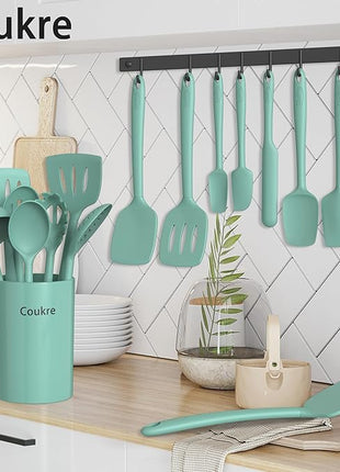 Coukre Silicone Kitchen Cooking Utensils Set with Holder – Heat-Resistant, Food-Grade Kitchen Tools, Spatula, Spoon & Gadgets for Non-Stick Pans, Dishwasher Safe (14, PureAquaGreen)