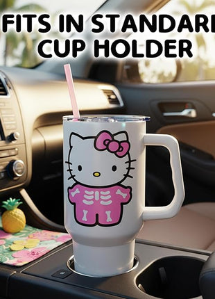 Silver Buffalo Sanrio Hello Kitty Halloween Spooky Skeleton Costume Stainless Steel Tumbler with Handle and Straw, Fits in Standard Cup Holder, 40 Ounces