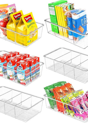 6 Pack Food Storage Organizer Bins Clear Plastic Removable Snack Organizer Pantry Organization Storage Racks with 3 Dividers, Kitchen, Cabinets Snacks, Packets, Spices, Pouches Stackable Bins