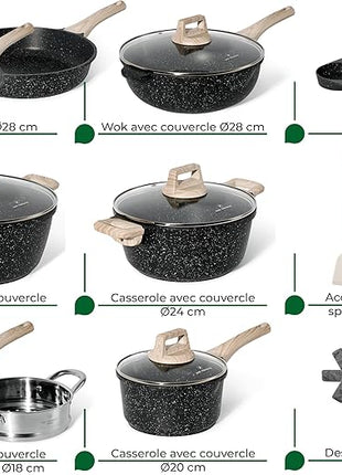 JUST PERFECTO Kitchen Pots and Pans Set with Lids Non Stick - Induction Pots Set - Pots & Pans Set without PTFE and PFOA - Cookware Pot Set Induction 21 Pcs (black)