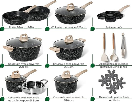 JUST PERFECTO Kitchen Pots and Pans Set with Lids Non Stick - Induction Pots Set - Pots & Pans Set without PTFE and PFOA - Cookware Pot Set Induction 21 Pcs (black)