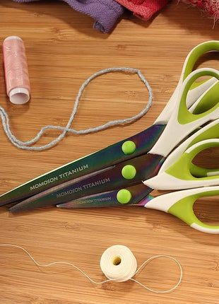 BambooMN Titanium Softgrip Scissors Set for Sewing, Arts, Crafts, Office - 3 Sets of 3 - White w/Green Inlays