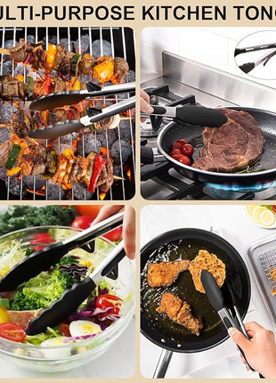 4PCS Flexible Silicone Spatula Turner Set and Kitchen Food Tongs with Silicone Tips, 600F Heat Resistant, Ideal for Flipping Eggs, Fish, Burgers, Pancake and Strong Grip on Salads, Pasta, Steaks, BBQ