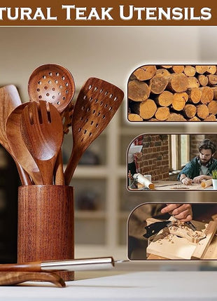 Wooden Spoons for Cooking with Utensils Holder, 10-Pieces Wooden Utensil Set Non-Stick, Natural Teak Cookware Wooden Cooking Spurtle Set, with Stainless Steel Handle