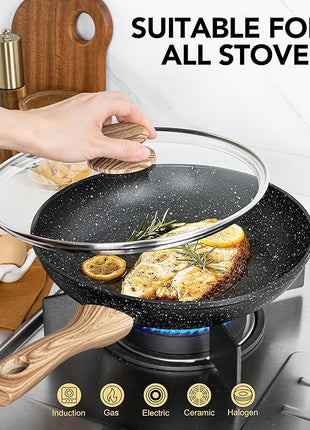 MICHELANGELO 8 Inch Nonstick Frying Pan with Lid, Non Stick Small Frying Pan with Non-Toxic Coating, Non-Stick Skillet with Ergonomic Handle, All Cooktops Compatible, Black