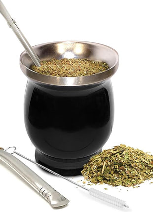 Norte Yerba Mate Cup Kit, 8-Ounces Traditional Mate Tea Cup/Gourd Set | Includes 2 Bombillas (Yerba Mate Straw) & Cleaning Brush, Stainless Steel Cup, Double-Walled, Easy to Clean | Black
