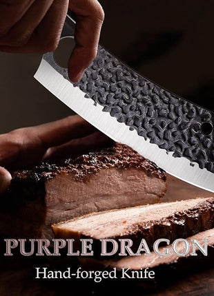 Purple Dragon Kitchen Knife 8 Inch Ultra Sharp Japanese Butcher Knife for Meat Cleaver Vegetable Cutting with Finger Hole Hand Forged High Carbon Steel Chef Knives Christmas Gift for Men and Women