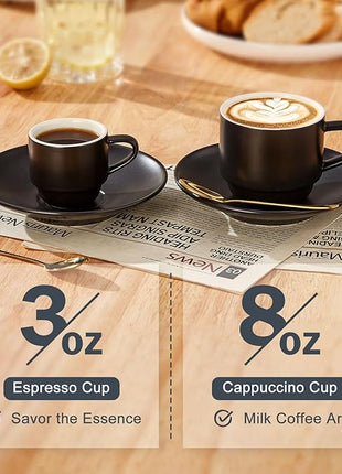 Lareina 3-Ounce Espresso Cups Set of 4, Small Stackable Coffee Cups with Saucers, Spoons and Metal Stand, Ceramic Demitasse Mugs, Espresso Accessories for Machine, Black