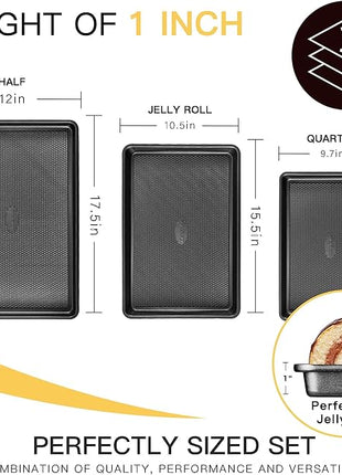 Cookie Sheets for Baking Nonstick - HONGBAKE Baking Sheet Pan Set of 3, Half/Quarter/Jelly Roll Pan for Oven with Diamond Texture Pattern, 57% Thicker Carbon Steel Cookie Trays, Dark Grey