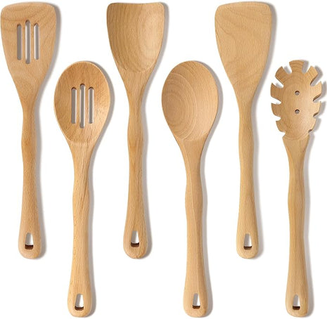 Wooden Spatula Set, 6 Pack Kitchen Wood Slotted Spoon Spatulas Turner Utensils for Cooking, Non Toxic Solid Wooden Spatulas Natural Wood Serving Spoons Spaghetti Utensil Set for Nonstick Cookware